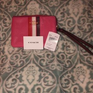 Pink striped leather coach wristlet - new with tags